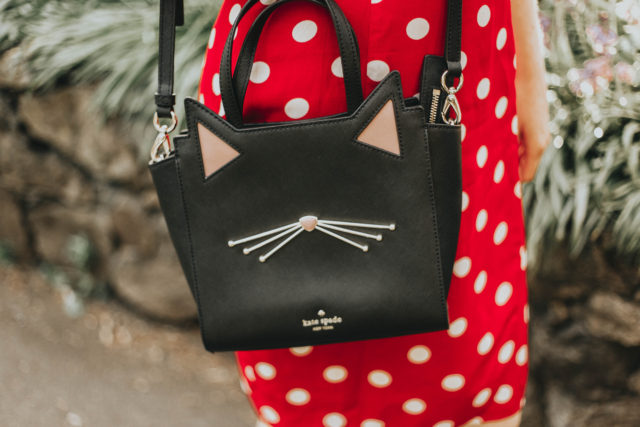 vintage polka dot dress, red polka dot, Kate spade cat bag, summer dress, vintage style