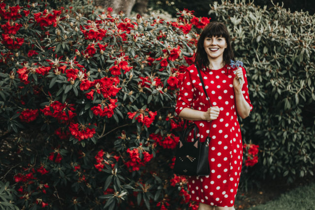 vintage polka dot dress, red polka dot, Kate spade cat bag, summer dress, vintage style