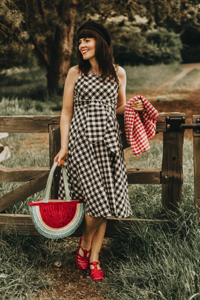 Perky Plaid Bowknot Cami Dress, Chic Wish, Watermelon Bag, Vintage Dress, summer fashion, picnic, vintage picnic,