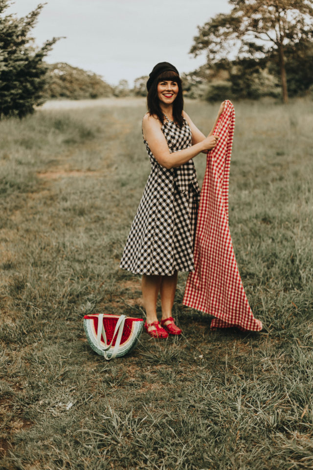 Perky Plaid Bowknot Cami Dress, Chic Wish, Watermelon Bag, Vintage Dress, summer fashion, picnic, vintage picnic,