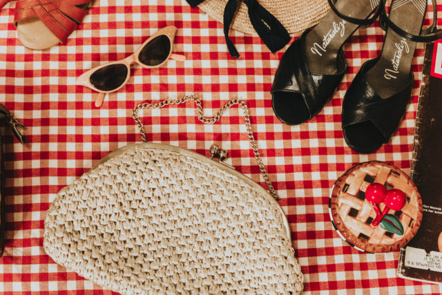 vintage summer accessories, vintage accessories, straw hat, vintage sandals, vintage straw bag, 1950s cat eye sunglasses, vintage fashion, summer fashion