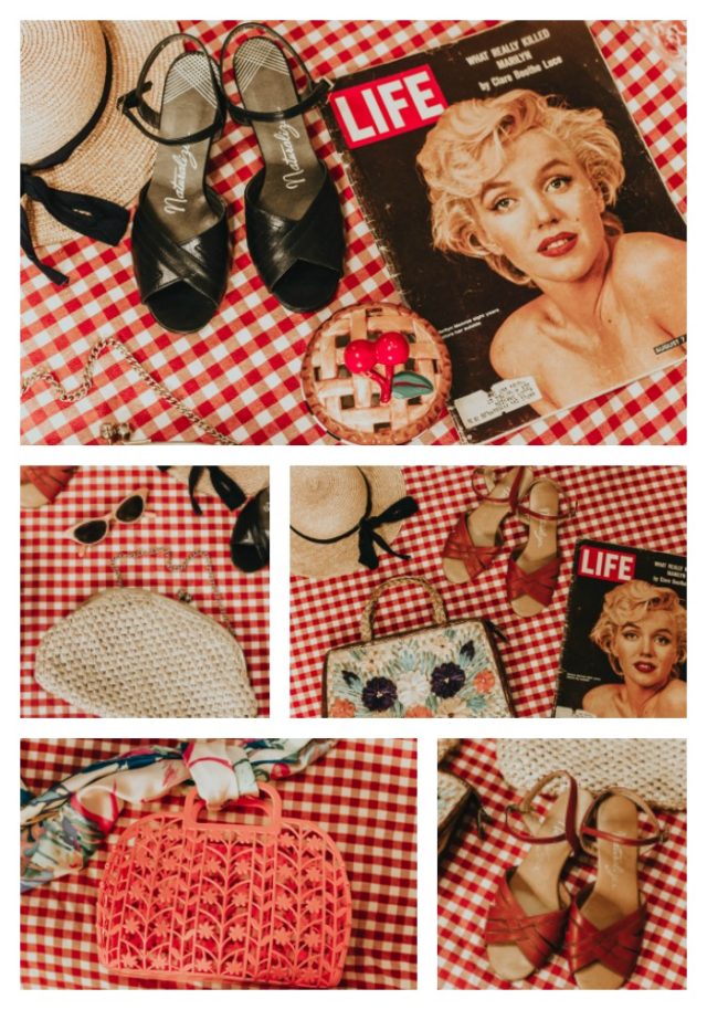 vintage summer accessories, vintage accessories, straw hat, vintage sandals, vintage straw bag, 1950s cat eye sunglasses, vintage fashion, summer fashion