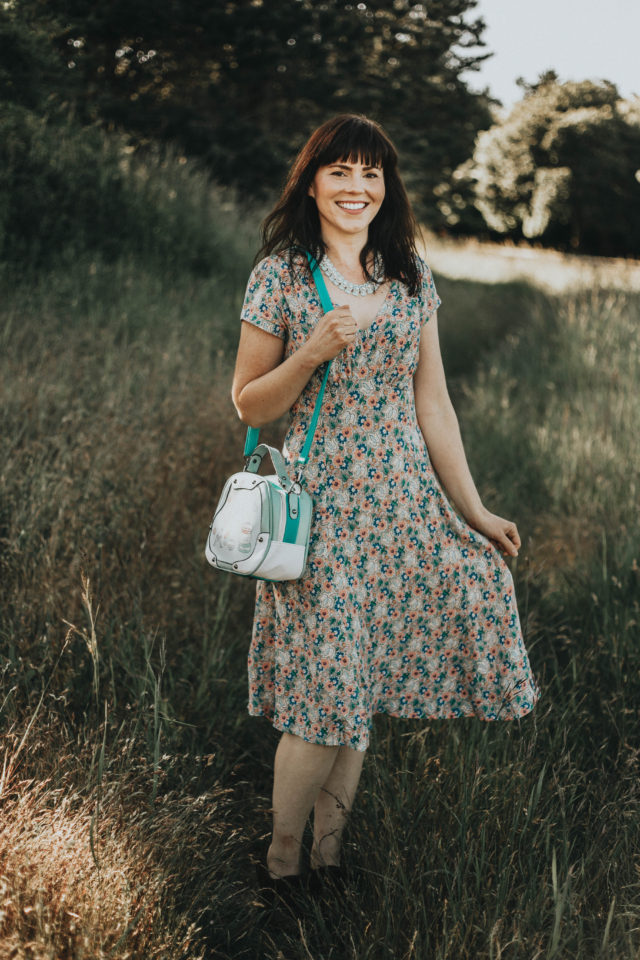 my cup of tea dress. muted floral print, Emmy Design, floral dress, crepe dress, vintage fashion, summer fashion, vintage inspired clothing brand, floral dress,