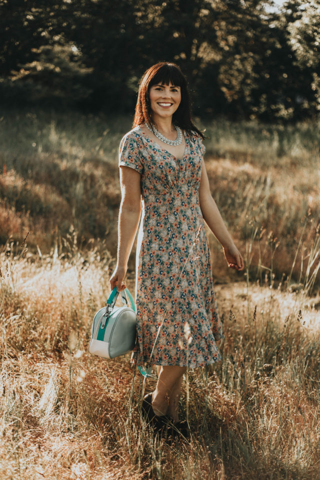 my cup of tea dress. muted floral print, Emmy Design, floral dress, crepe dress, vintage fashion, summer fashion, vintage inspired clothing brand, floral dress,