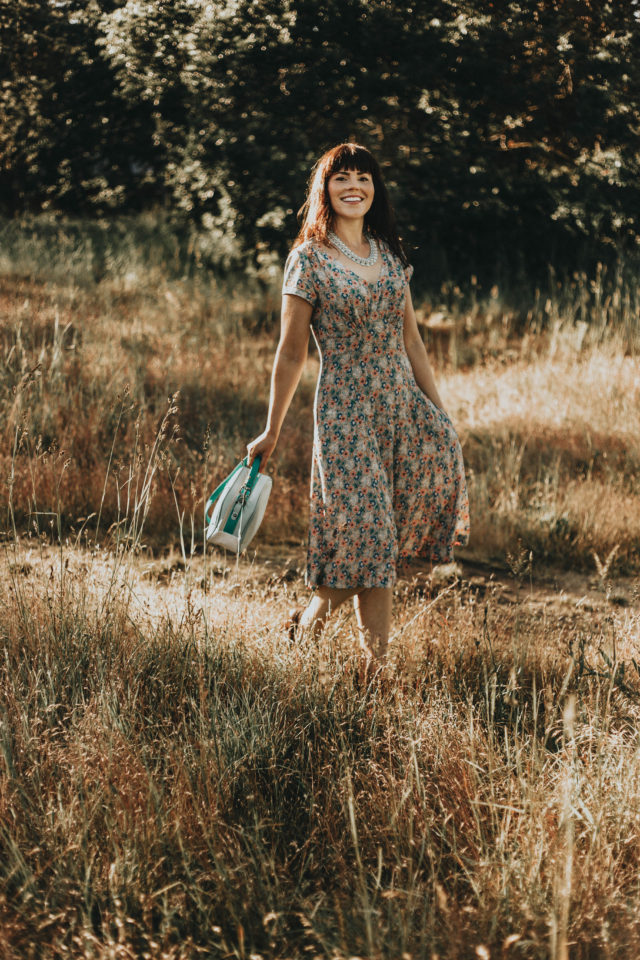 my cup of tea dress. muted floral print, Emmy Design, floral dress, crepe dress, vintage fashion, summer fashion, vintage inspired clothing brand, floral dress,