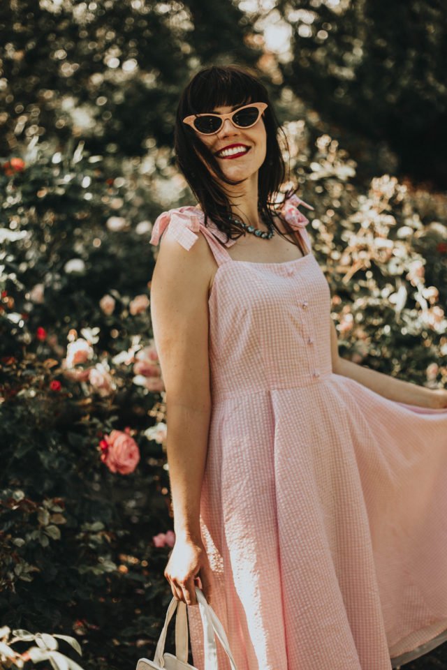 Modern to vintage fashion challenge, Chic Wish, vintage fashion, pink gingham dress, summer dress, sun dress, cat eye sunglasses, chic Wish, Dashing Darling Bowknot Strap Dress in Pink Gingham, Spirit of Romance Lace Cami Dress in Lavender