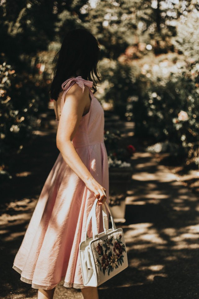 Modern to vintage fashion challenge, Chic Wish, vintage fashion, pink gingham dress, summer dress, sun dress, cat eye sunglasses, chic Wish, Dashing Darling Bowknot Strap Dress in Pink Gingham, Spirit of Romance Lace Cami Dress in Lavender