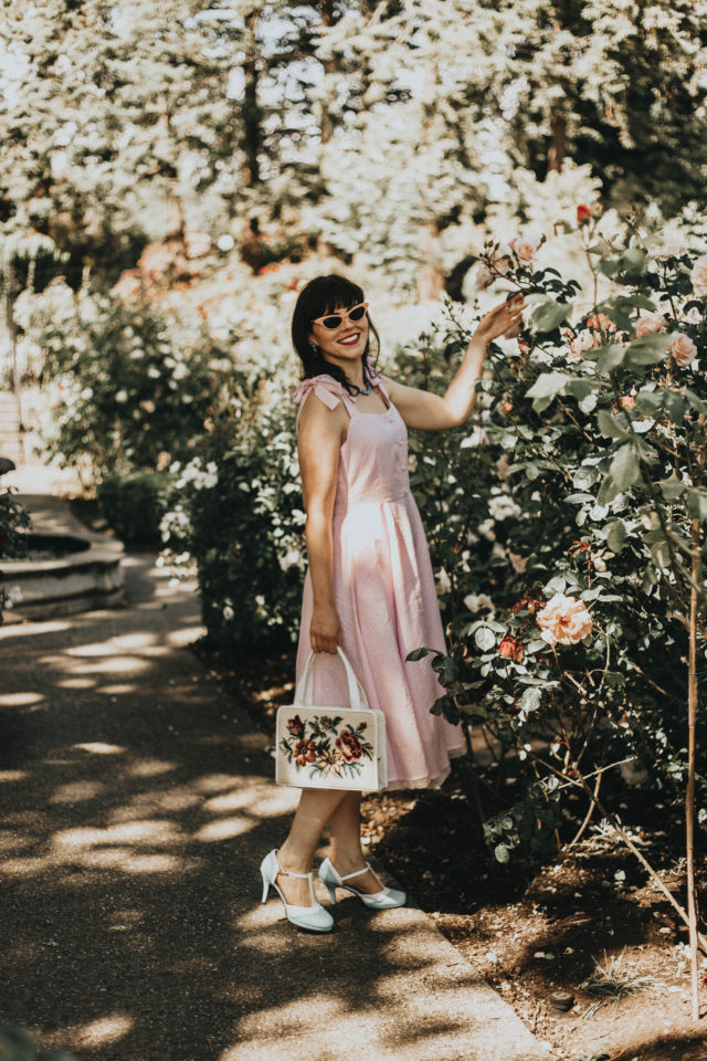 Modern to vintage fashion challenge, Chic Wish, vintage fashion, pink gingham dress, summer dress, sun dress, cat eye sunglasses, chic Wish, Dashing Darling Bowknot Strap Dress in Pink Gingham, Spirit of Romance Lace Cami Dress in Lavender