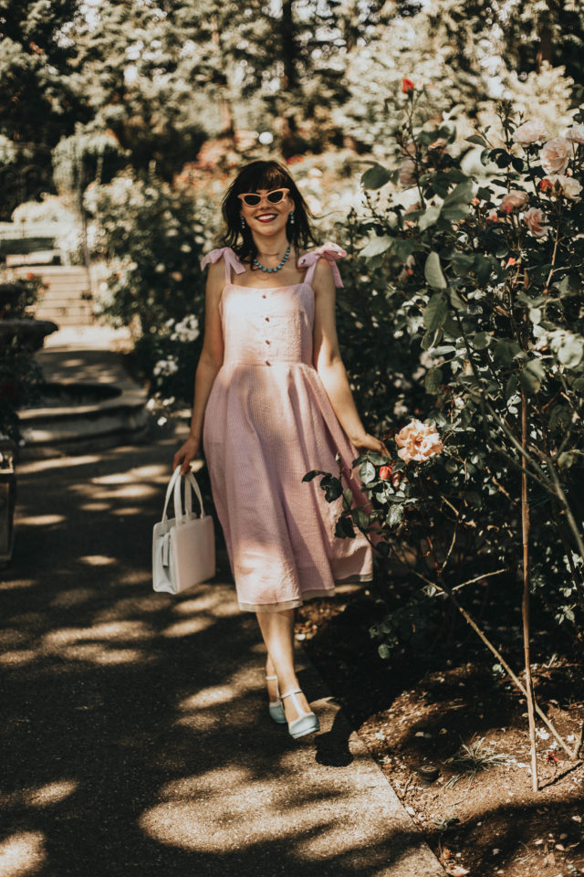 Modern to vintage fashion challenge, Chic Wish, vintage fashion, pink gingham dress, summer dress, sun dress, cat eye sunglasses, chic Wish, Dashing Darling Bowknot Strap Dress in Pink Gingham, Spirit of Romance Lace Cami Dress in Lavender