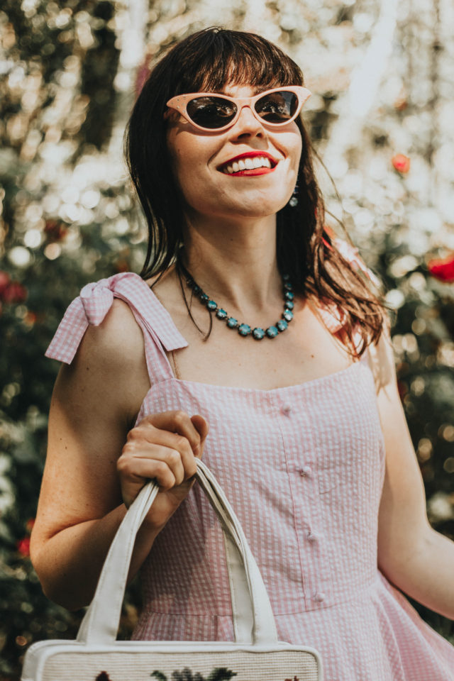 Modern to vintage fashion challenge, Chic Wish, vintage fashion, pink gingham dress, summer dress, sun dress, cat eye sunglasses, chic Wish, Dashing Darling Bowknot Strap Dress in Pink Gingham, Spirit of Romance Lace Cami Dress in Lavender