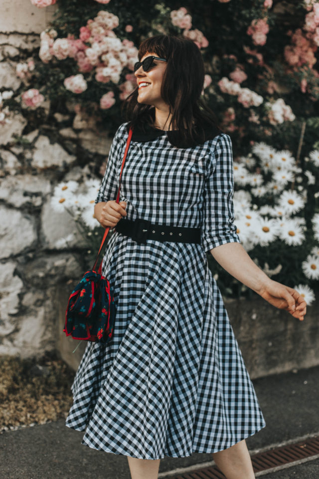 Black & White Gingham Cotton Half Sleeve Emily Swing Dress, Unique Vintage, Vintage polka dot dress, vintage fashion, vintage dress, summer fashion, vintage style, gingham dress,