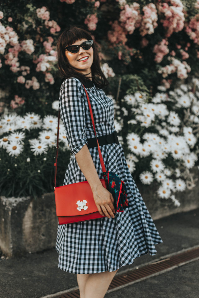 Black & White Gingham Cotton Half Sleeve Emily Swing Dress, Unique Vintage, Vintage polka dot dress, vintage fashion, vintage dress, summer fashion, vintage style, gingham dress,