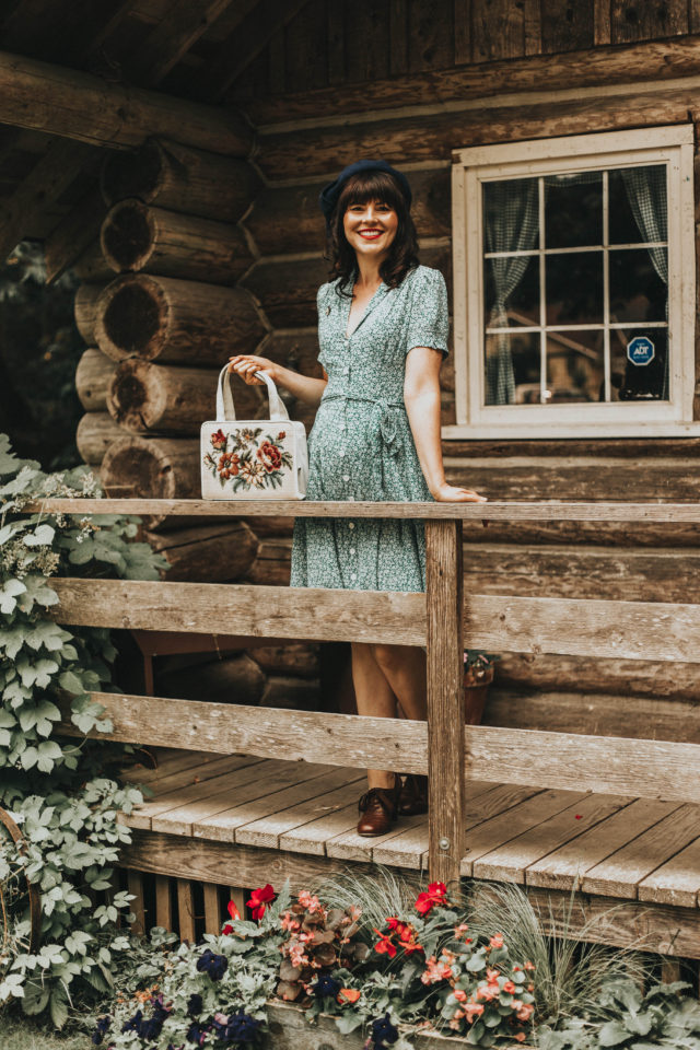 Barb Green Floral Tea Dress, Joanie Clothing, Cassidy Floral Midi Tea Dress, vintage floral dress, vintage replicas, vintage inspired fashion, floral fall dresses