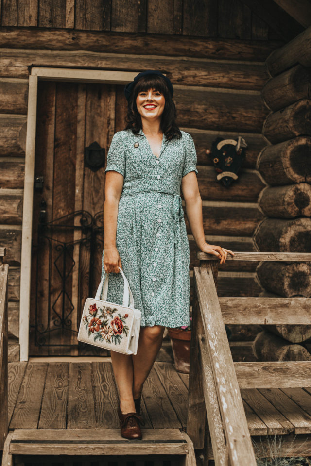 Barb Green Floral Tea Dress, Joanie Clothing, Cassidy Floral Midi Tea Dress, vintage floral dress, vintage replicas, vintage inspired fashion, floral fall dresses