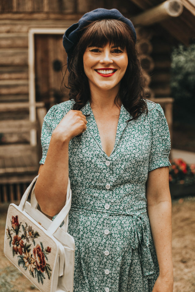 Barb Green Floral Tea Dress, Joanie Clothing, Cassidy Floral Midi Tea Dress, vintage floral dress, vintage replicas, vintage inspired fashion, floral fall dresses