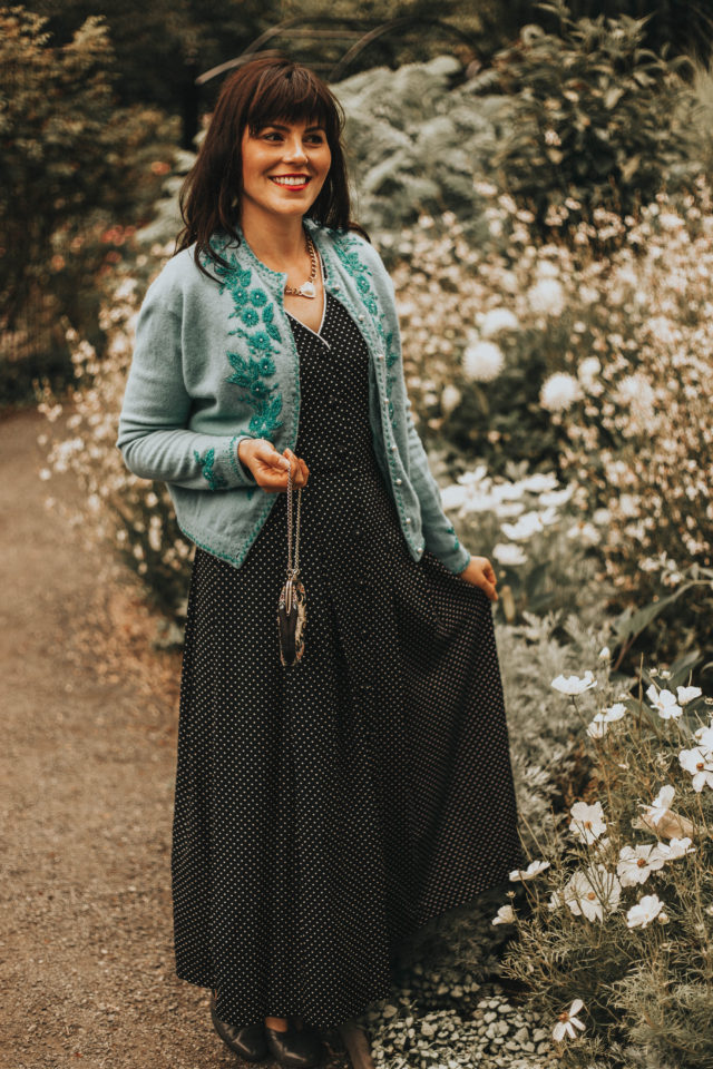 How to wear a vintage dress, vintage beaded cardigan, vintage floral dress, vintage embroidered bag, vintage floral dress, vintage dresses, vintage style, vintage fashion, vintage clothing,