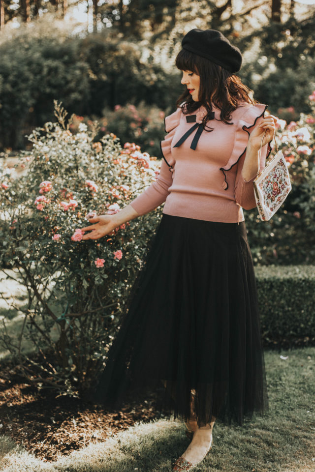 Charm Explorer Knit Top in Pink, Chic Wish, Enter Floral World Tulle Mesh Midi Skirt in Black, fall fashion, tulle skirt, vintage fashion, Victorian, Fashion,