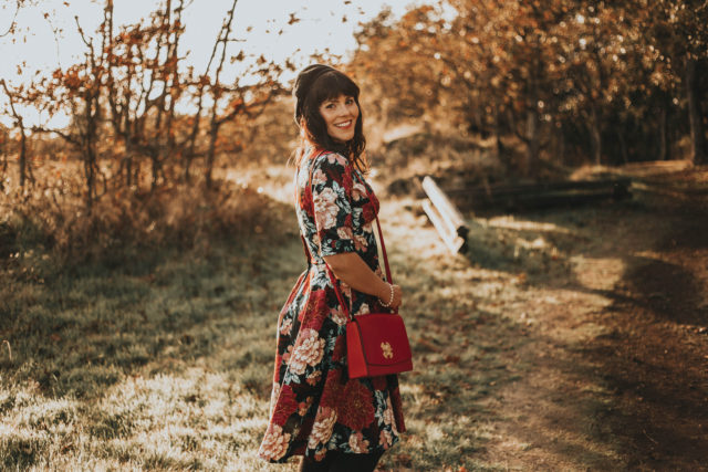 Unique Vintage 1950s Black & Carnation Floral Print Delores Swing Dress with Sleeves, Unique vintage, vintage dress, floral dress, vintage fashion, Unique Vintage