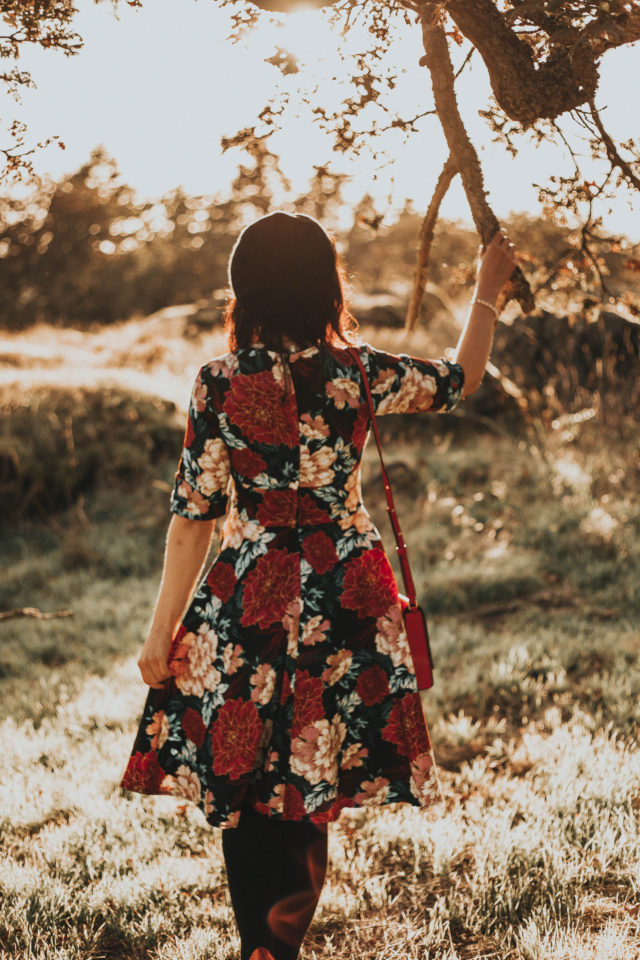 Unique Vintage 1950s Black & Carnation Floral Print Delores Swing Dress with Sleeves, Unique vintage, vintage dress, floral dress, vintage fashion, Unique Vintage