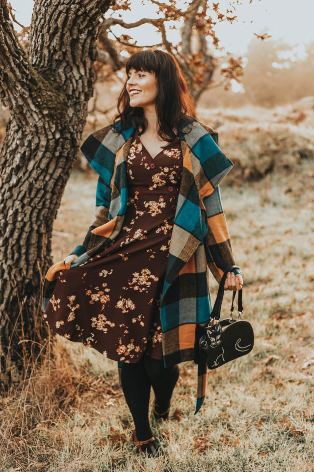 Intelligent Around Town Belted Coat, Modcloth, Sentimental Special Short Sleeve Dress, Retro Set-Up T-Strap Heel, Talking Picture Oxford Flat, Haul It All Shoulder Bag, Banned Cat Stop the Feeling Handbag, vintage inspired fashion, fall fashion,
