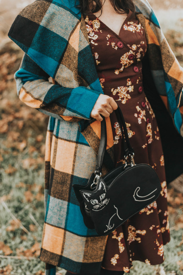 Intelligent Around Town Belted Coat, Modcloth, Sentimental Special Short Sleeve Dress, Retro Set-Up T-Strap Heel, Talking Picture Oxford Flat, Haul It All Shoulder Bag, Banned Cat Stop the Feeling Handbag, vintage inspired fashion, fall fashion,