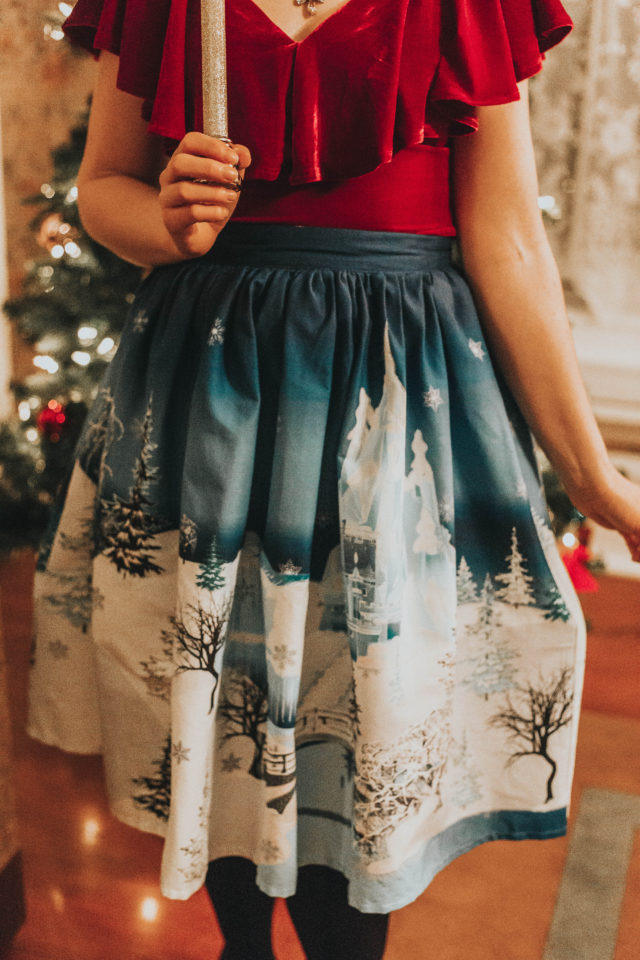 Unique Vintage 1950s Burgundy Velvet Off Shoulder Ruffle Frenchie Knit Top, Unique Vintage 1950s Blue & White Winter Kingdom High Waist Swing Skirt, Unique Vintage, Christas Decor, Vintage Christmas Decor, vintage Christmas outfit