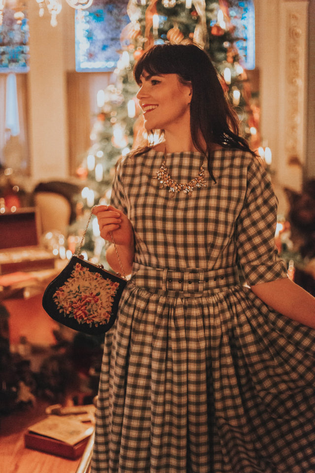 Craigdarroch Castle, Victorian Christmas Decor, Christmas decor at Craigdarroch Castle, Unique Vintage 1940s Style Grey & White Plaid Sleeved Sally Swing Dress, Unique Vintage, 1940s dress, Plaid Dress,