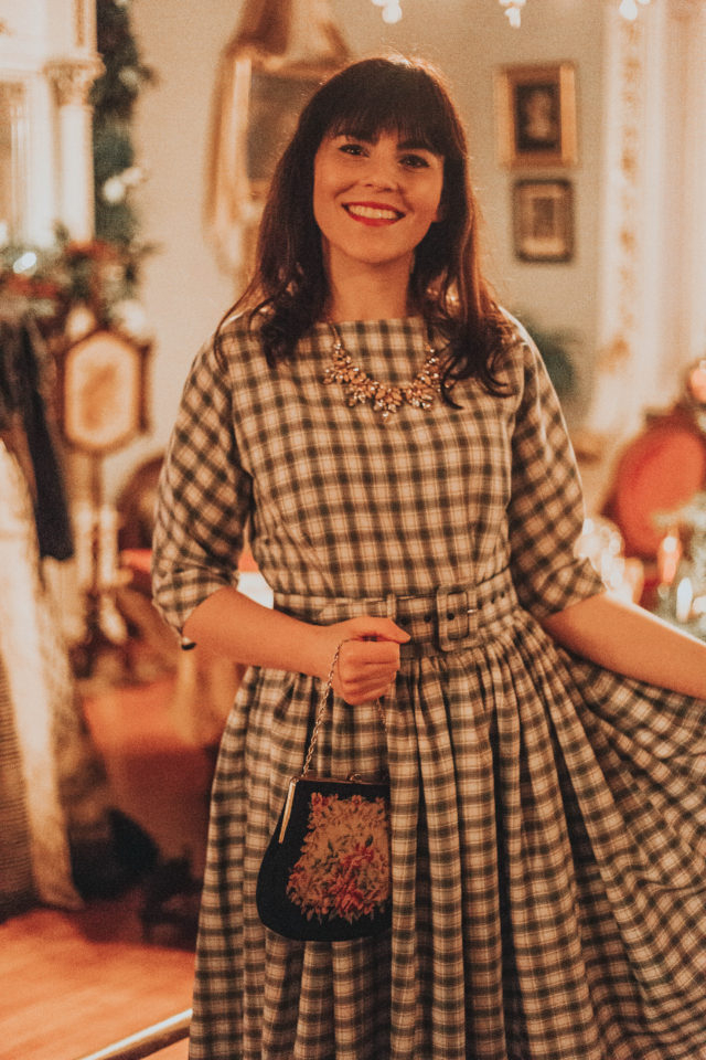 Craigdarroch Castle, Victorian Christmas Decor, Christmas decor at Craigdarroch Castle, Unique Vintage 1940s Style Grey & White Plaid Sleeved Sally Swing Dress, Unique Vintage, 1940s dress, Plaid Dress,