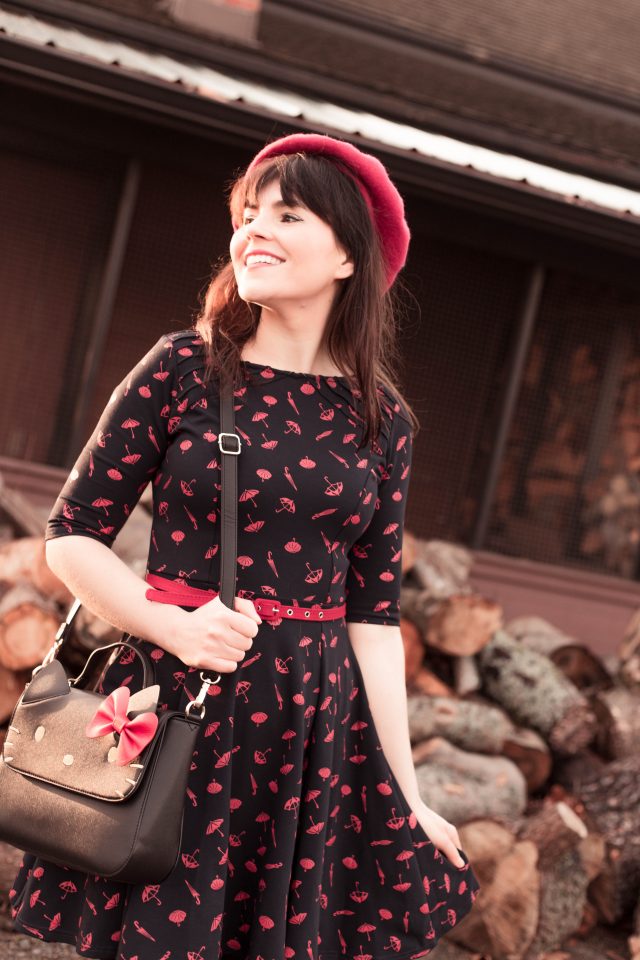Unique Vintage Navy & Red Umbrella Knit Fit & Flare Dress, Unique Vintage, ModCloth for Hello Kitty Pop Culture Cutie Crossbody Bag, Modcloth, Intelligent Around Town Belted Coat in Dots, B.A.I.T. Footwear Paris, Prance Heel in Rouge,