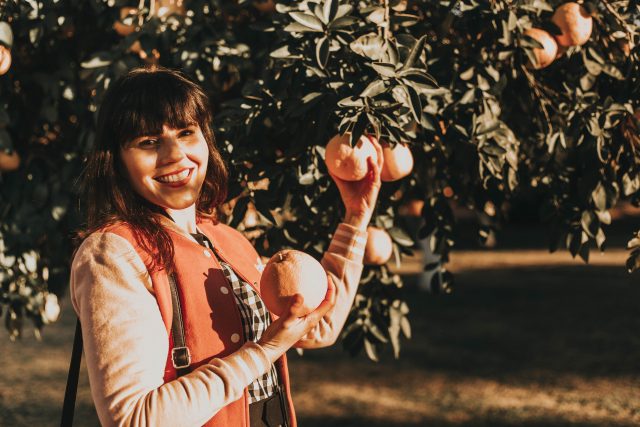 Unique Vintage, Gingham Dress, Joanie Clothing, vintage varsity jacket, Hello Kitty for Modcloth, Grapefruit picking Arizona, Phoenix, Citrus picking,