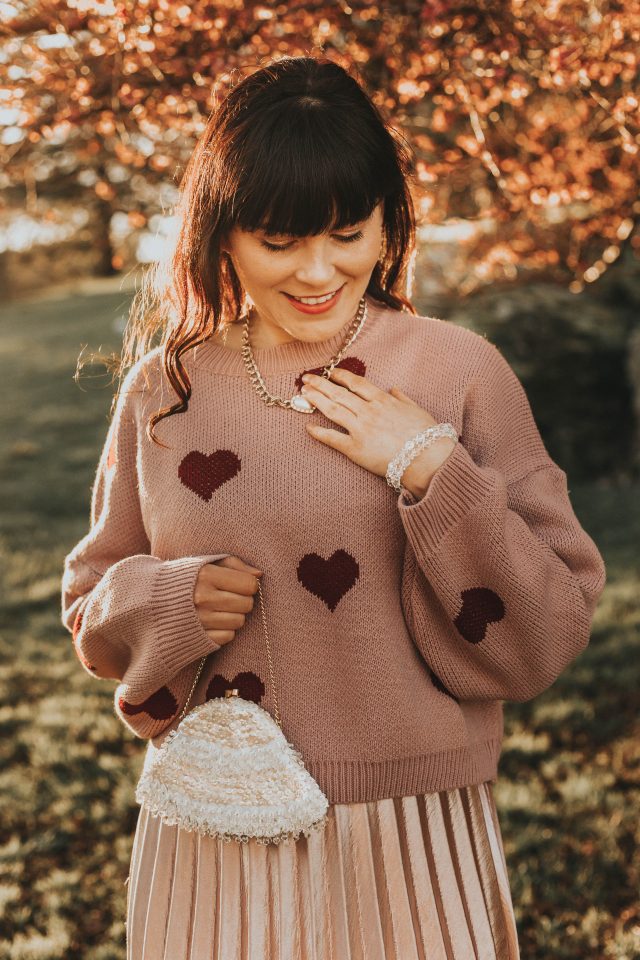 Hear Your Heart Beating Cropped Sweater, Call out Your Name Pleated Mesh Skirt in Pink, Valentines Day outfit ideas, Valentine's Day Date night outfit ideas, Chic Wish, Vintage Fashion