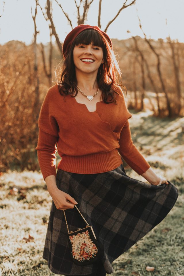 Cafe Time Wavy Wrap Knit Top in Caramel, Grid My Life Wool-Blend A-Line Midi Skirt, Chic Wish, Vintage Fashion, Vintage Style, Winter, Wool skirt, plaid skirt, Beret,