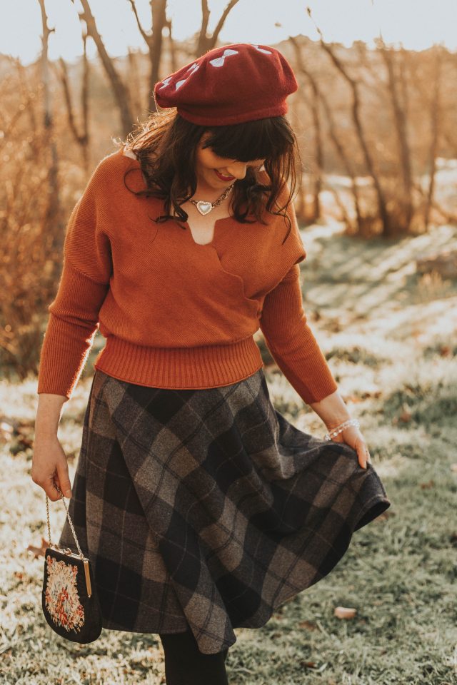 Cafe Time Wavy Wrap Knit Top in Caramel, Grid My Life Wool-Blend A-Line Midi Skirt, Chic Wish, Vintage Fashion, Vintage Style, Winter, Wool skirt, plaid skirt, Beret,