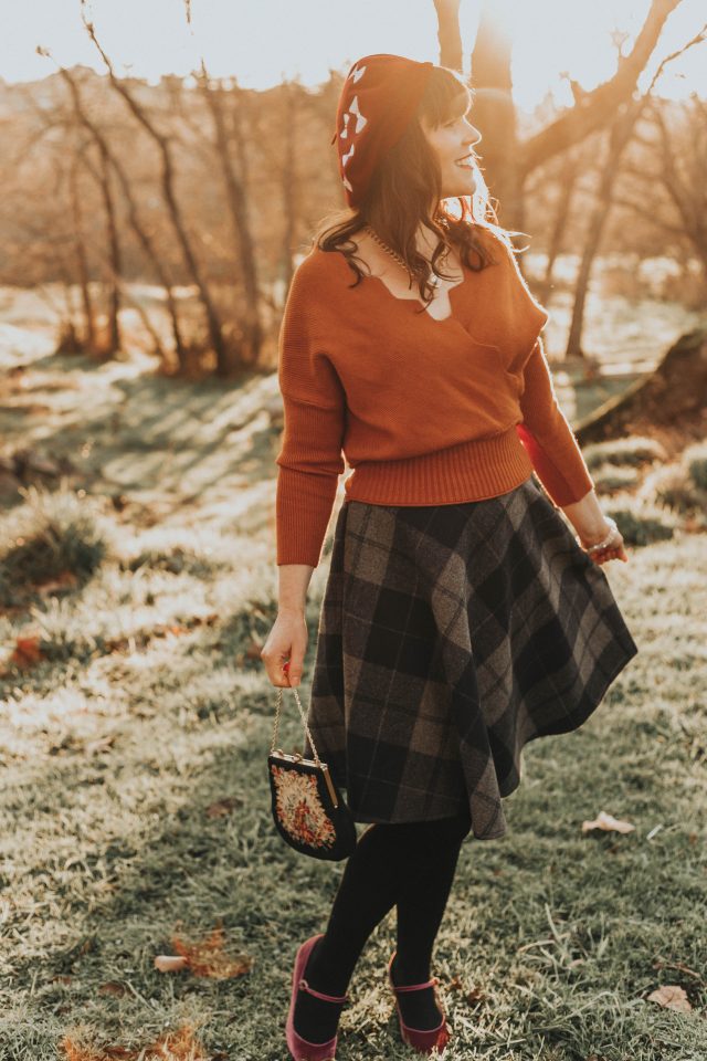 Cafe Time Wavy Wrap Knit Top in Caramel, Grid My Life Wool-Blend A-Line Midi Skirt, Chic Wish, Vintage Fashion, Vintage Style, Winter, Wool skirt, plaid skirt, Beret,