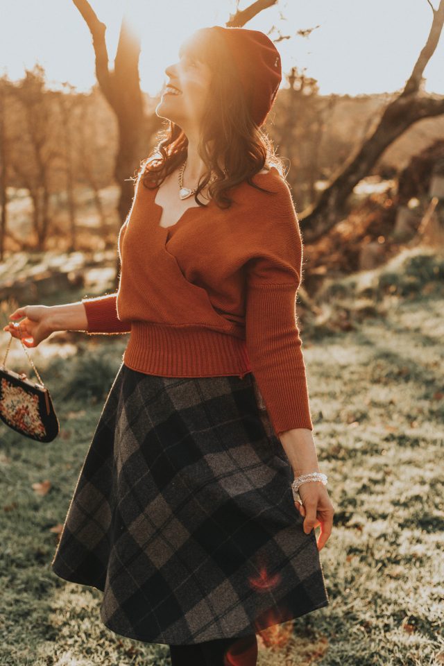 Cafe Time Wavy Wrap Knit Top in Caramel, Grid My Life Wool-Blend A-Line Midi Skirt, Chic Wish, Vintage Fashion, Vintage Style, Winter, Wool skirt, plaid skirt, Beret,