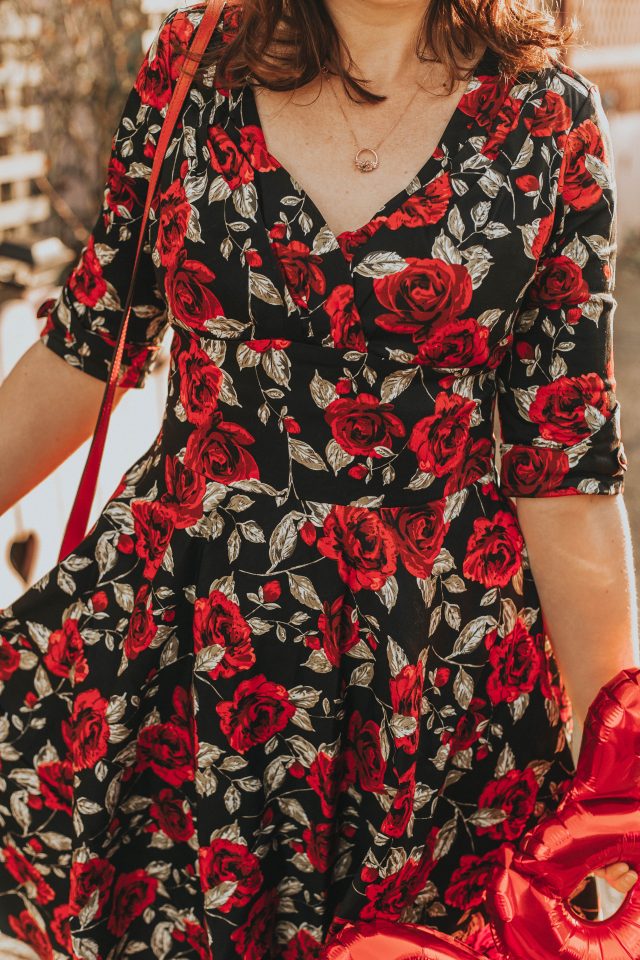 Unique Vintage 1950s Black & Red Roses Print Delores Swing Dress with Sleeves, Unique Vintage, Vintage Valentine's Day outfit ideas, vintage floral dress, Valentines Day, vintage style, Lee Renee Jewellery, London UK, Hatton Garden Contemporary Jewellery Designer