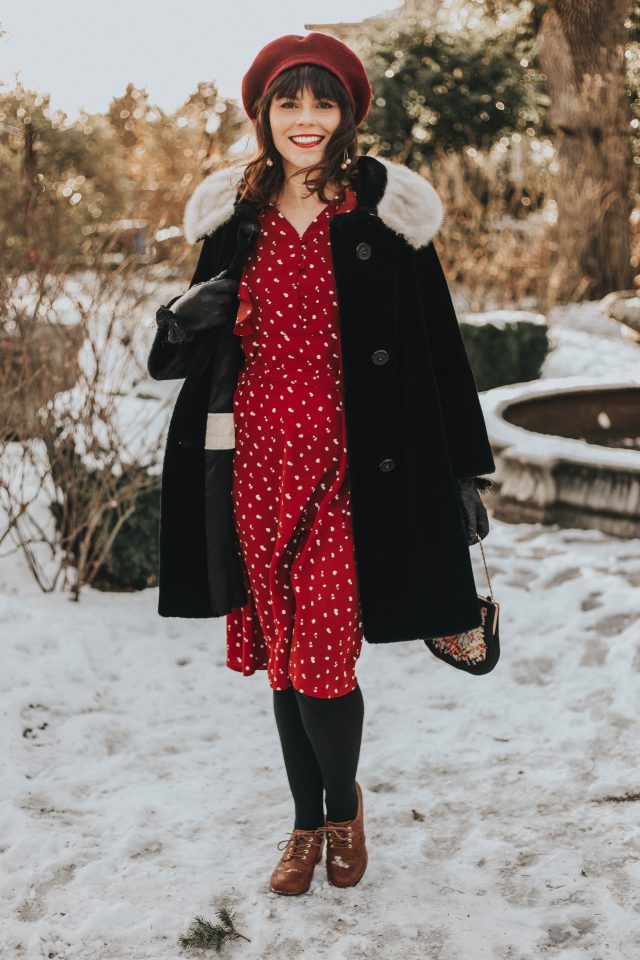 Fancy Dotted Ruffle Midi Dress in Red