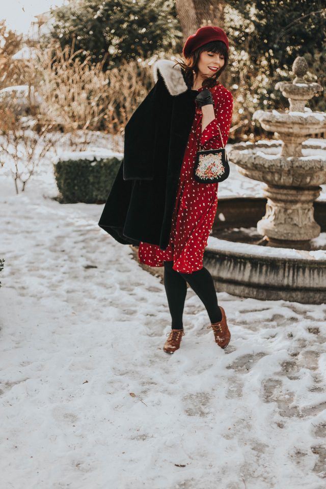 Fancy Dotted Ruffle Midi Dress in Red