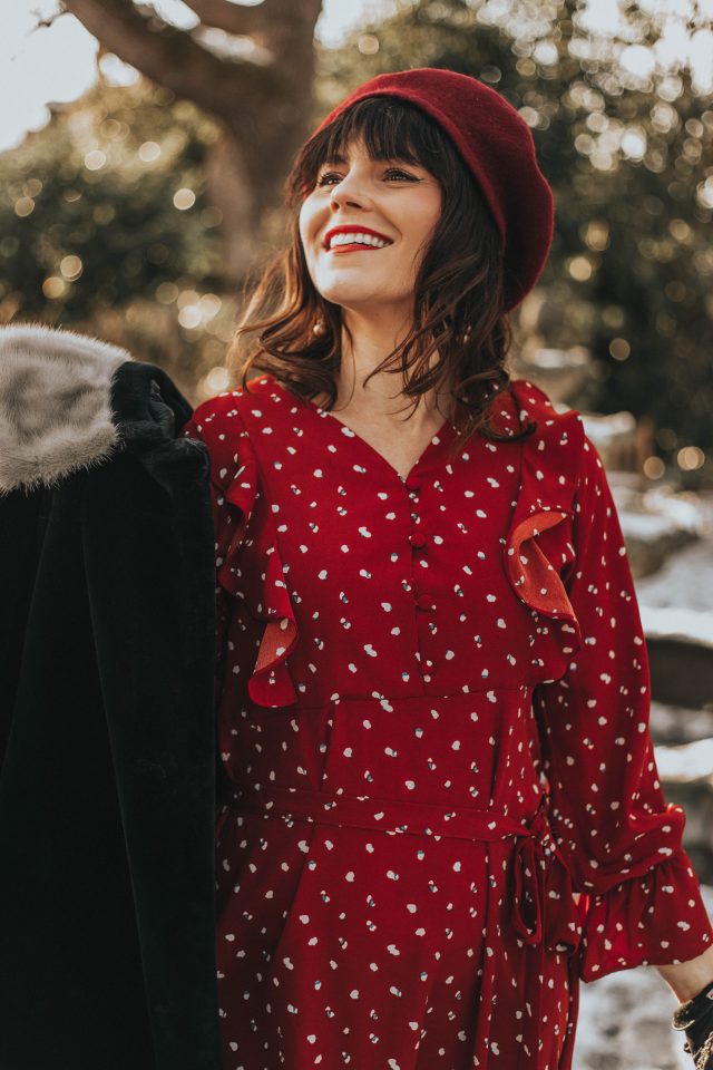 Fancy Dotted Ruffle Midi Dress in Red