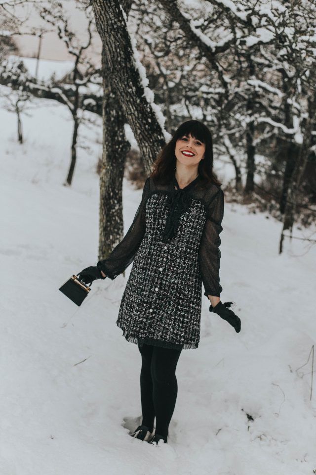 Shimmer Bowknot Mesh Tweed Dress in Black, Chic Wish, Vintage Tweed dress, vintage winter fashion