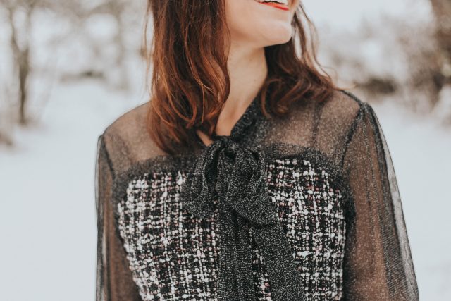 Shimmer Bowknot Mesh Tweed Dress in Black, Chic Wish, Vintage Tweed dress, vintage winter fashion