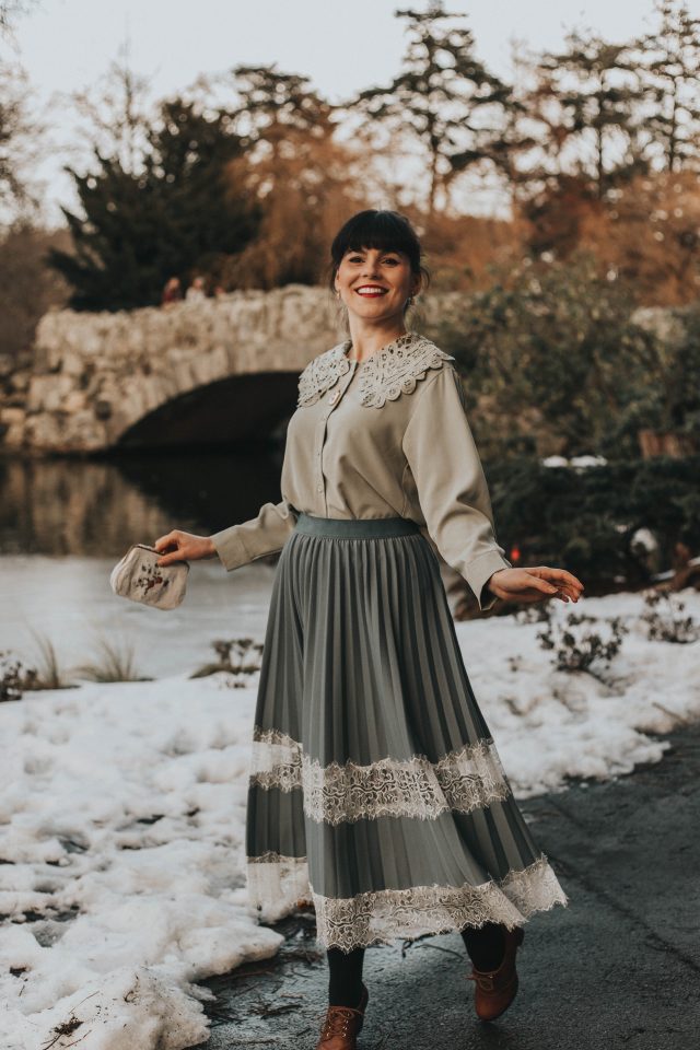 Romantic and Vintage Crochet Collar Top in Moss Green, Chic Wish, Between Lace Pleated Midi Skirt in Dusty Blue, vintage fashion, romantic vintage fashion, Edwardian vintage fashion, vintage style,