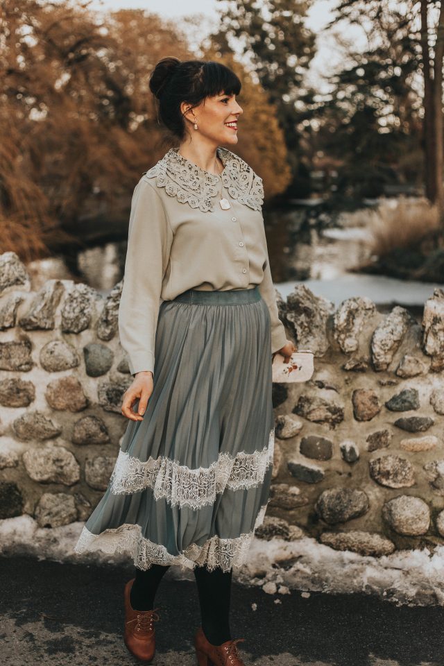 Romantic and Vintage Crochet Collar Top in Moss Green, Chic Wish, Between Lace Pleated Midi Skirt in Dusty Blue, vintage fashion, romantic vintage fashion, Edwardian vintage fashion, vintage style,