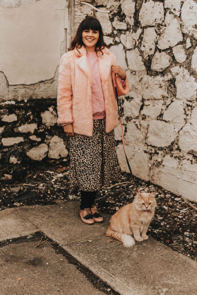 Wild Heart Leopard Printed A-Line Midi Skirt, Chic Wish Spring Fashion, walking your cat.