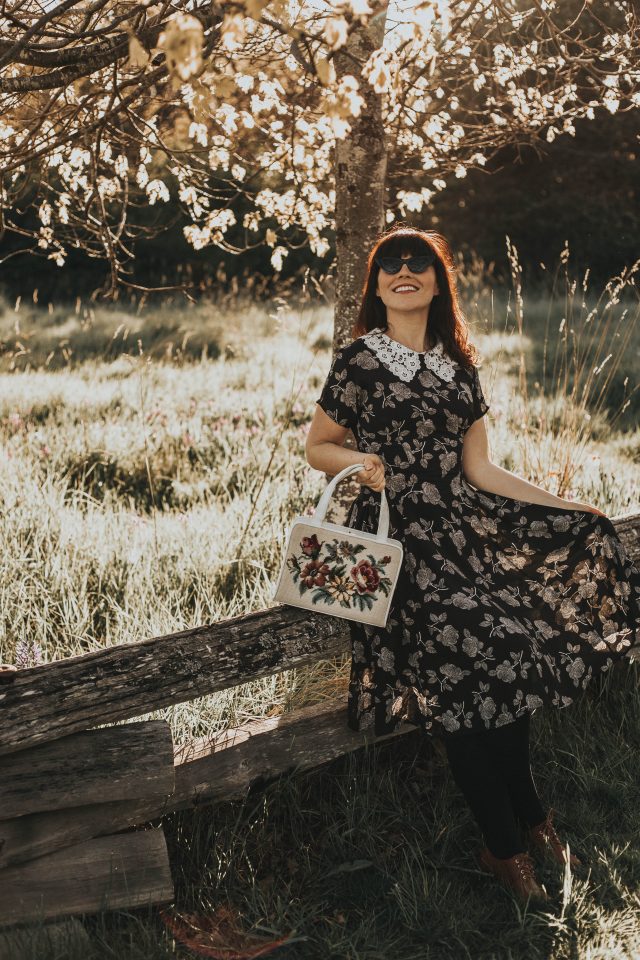 Unique Vintage 1940s Black & White Floral Lace Collar Margie Dress, Unique Vintage, 1940s floral dress, 1940s lace collar, vintage inspired 1940s dress, 1950s bag, vintage inspired 1940s fashion