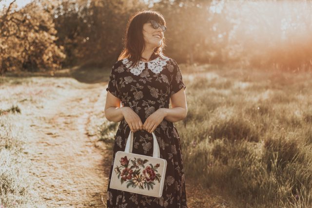 Unique Vintage 1940s Black & White Floral Lace Collar Margie Dress, Unique Vintage, 1940s floral dress, 1940s lace collar, vintage inspired 1940s dress, 1950s bag, vintage inspired 1940s fashion