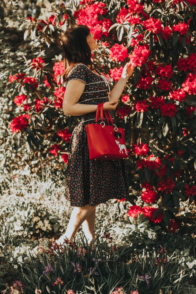 Unique Vintage 1940s Style Black Cherry Print Jeanie Swing Dress, Unique Vintage, Vintage inspired Fashion, vintage inspired 1940s dress, vintage style