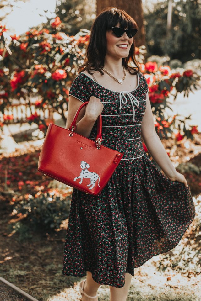 Unique Vintage 1940s Style Black Cherry Print Jeanie Swing Dress, Unique Vintage, Vintage inspired Fashion, vintage inspired 1940s dress, vintage style