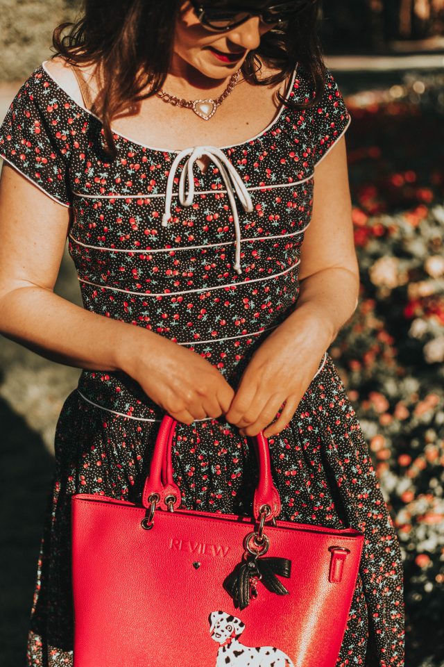 Unique Vintage 1940s Style Black Cherry Print Jeanie Swing Dress, Unique Vintage, Vintage inspired Fashion, vintage inspired 1940s dress, vintage style