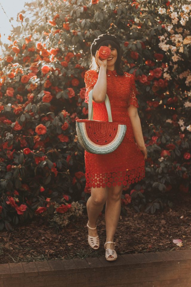 Faith in Elegance Crochet Shift Dress in Red, Chic Wish, Vintage inspired fashion, crochet dress, what to do with vintage clip on earrings, Brothers and sisters black bow beret for women, Collectif vintage inspired women's fashion and accessories, LULU HUN LILY WEDGE